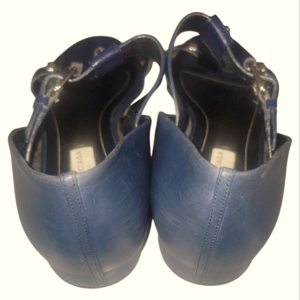 Balenciaga Paris Women's Silver Studs Navy T-strap Buckle Fastener Sandals Sz 38 - Picture 3 of 10